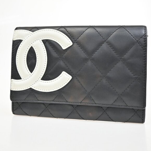 CHANEL CC Logo Cambon Bifold Wallet Leather Black Pinl SHW France - Picture 1 of 16